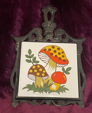 Sears Roebuck and Co. 1974 Mushroom Ceramic Tile Insert Metal Square Trivet