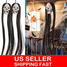 1/2/3 Halloween Glowing Hanging Skull With Long Hair LED Red Eyes Skeleton Props
