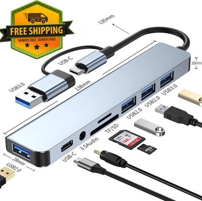 8-in-2 Typ-C USB Hub Dockingstation Multi-Port Adapter Micro SD 3,5mm Klinke