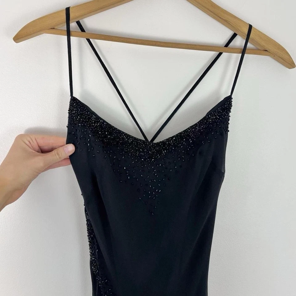 Vintage 90s Black Silk Bias Cut Beaded Evening Gown Size XS Charlotte Russe - Image 2 of 4