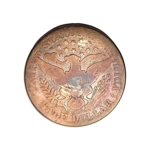 RUSTIC BLUE TONED 1913-D BARBER HALF 90% SILVER. Starting 18% Below Silver Spot