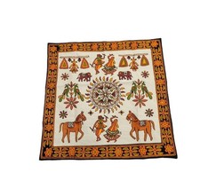 Embroidered White Cloth Folk Art Dancers Animals Flowers Wall Decor Boho 29x29