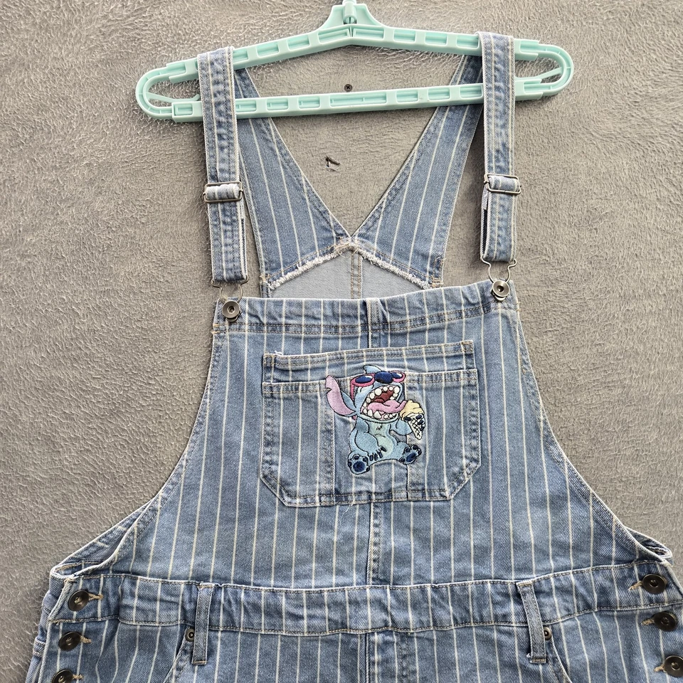 Disney Women Shorts XL Blue Denim Lilo & Stitch Embroidery Shortalls Striped Foto 3 de 4