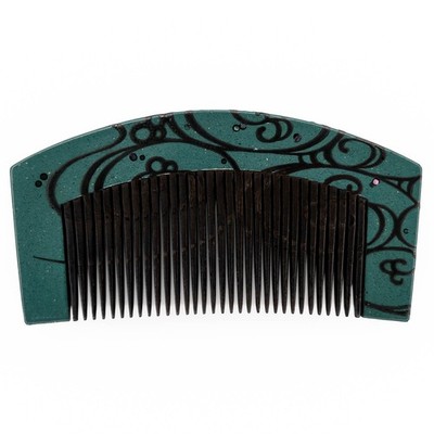 VTG Japanese Kushi Kanzashi Hair Ornament Black & Green Lacquered Wooden Comb