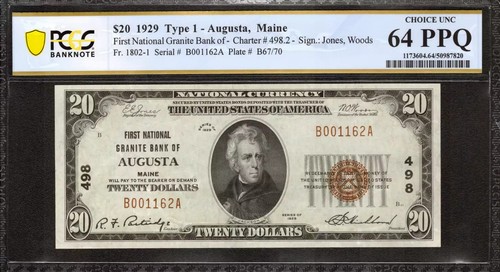 1929 $20 FIRST NATIONAL GRANITE BANKNOTE CURRENCY AUGUSTA MAINE PCGS 64 CU (162A