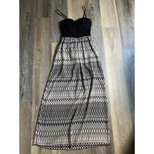 Black Lace Crochet Bodice Geometric Print Strappy Maxi Dress Women