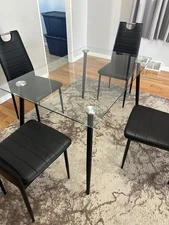 Glass Table with 4 Black Leather Chairs Dining Set for 4