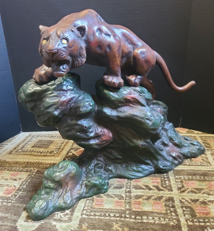 Vintage MCM Painted Cast Iron Tiger Panther Cat Climbing Rock Japan Sculpture