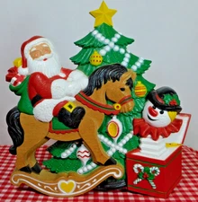 Vintage Burwood 1990 Christmas Plaque-Santa on Rocking Horse- Tree-Snowman