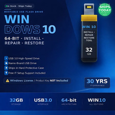 Windows 10 Bootable USB 32GB 64-Bit Install Repair Restore Recovery Flash Drive