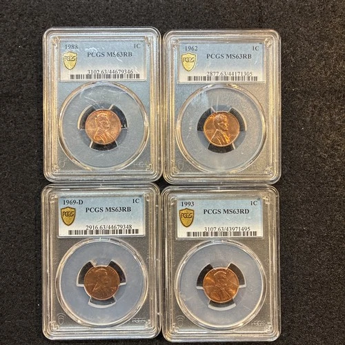 PCGS MS 65 RB And RD One  Cent Penny Lot Of 4 Different Years Large