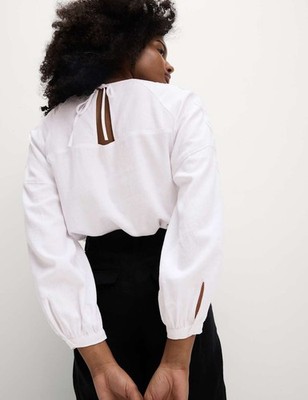 Marks & Spencer Womens Linen Long sleeved Broderie Blouse in White - M&S