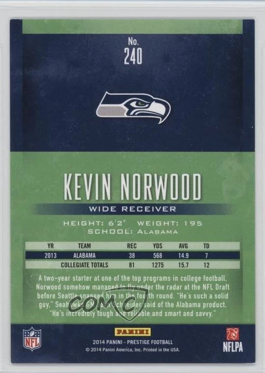 2014 Panini Prestige Extra Points Purple /100 Kevin Norwood #240 Rookie RC - Image 2 of 2
