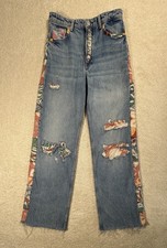 Upcycled Jeans Women 6 OOAK Reworked Patchwork Wide Leg Vintage Aloha Shirt Boro