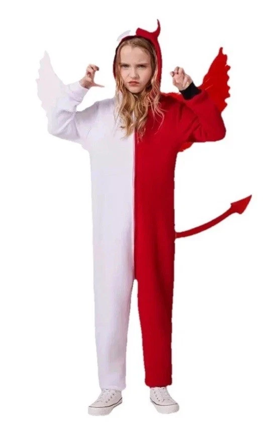 Костюм ангела/дьявола белый красный детский средний комбинезон на молнии и перья с крыльями - Изображение 2 из 4