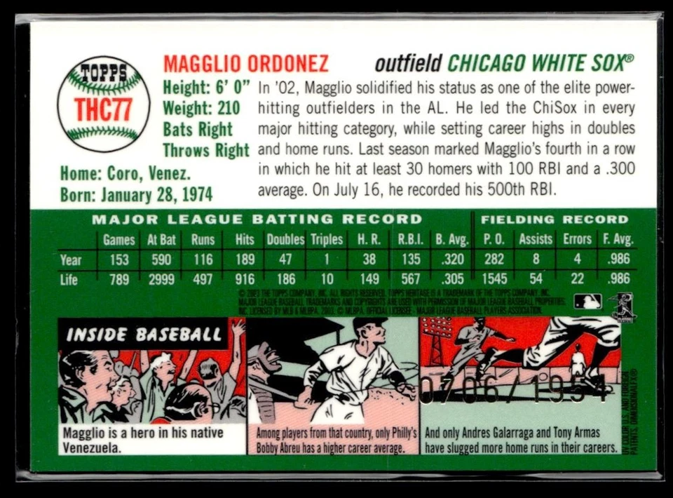2003 Topps Heritage Chrome Magglio Ordonez Auto 0706/1954 Chicago White Sox - Image 2 of 2