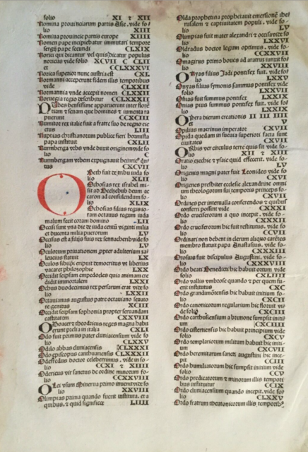 Original index leaf "M - O" Nuremberg Chronicle 1493 Liber chronicarum Schedel