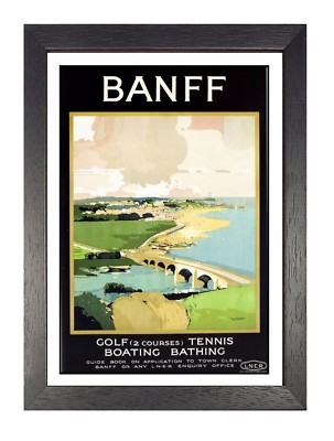 Banff Golf Tennis illustriertes Urlaubsparadies Poster alte Anzeige Aberdeenshire 