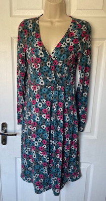 Seasalt Cornwall 'Crest' Bamboo Floral Faux Wrap Jersey Dress UK 8 Teal Pink
