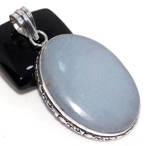 925 Silver Plated Angelite Ethnic Pendant Handmade Jewelry Size 2.3" GW