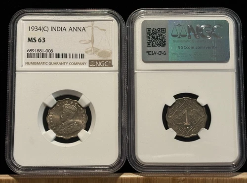 INDIA 1 Anna 1934 (C), NGC MS 63 Choice UNC, Lustrous Surfaces, KGV. A2
