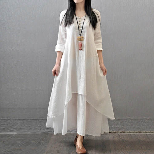 Womens Boho Cotton Linen Dress Long Sleeve Dress Sundress Maxi Dress Casual New - Picture 14 of 23