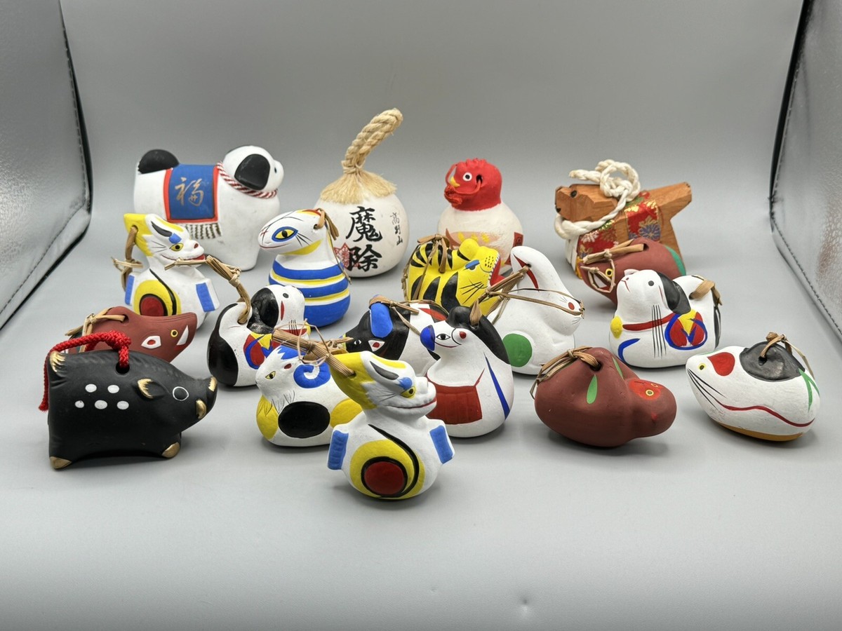 19 Vintage Japanese Clay Bell Ornament Lot Zodiac Animals Figural