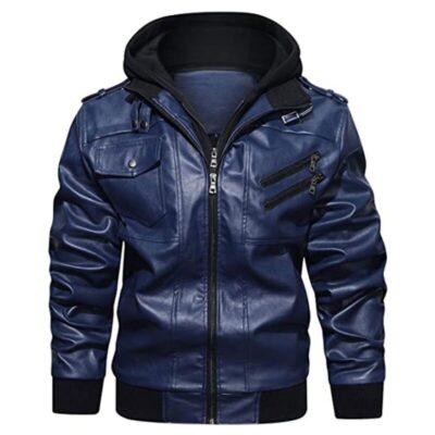 Mens Blue And Black Bomber Style Genuine Leather Jacket Biker Removeable Hood