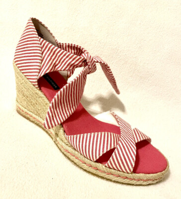 Tommy Hilfiger Red Striped Sandals Espadrilles Jute Wedge sz 10 M