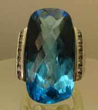 David Yurman Large 30 x 13mm Faceted Blue Topaz & Diamond Deco Ring SZ 7
