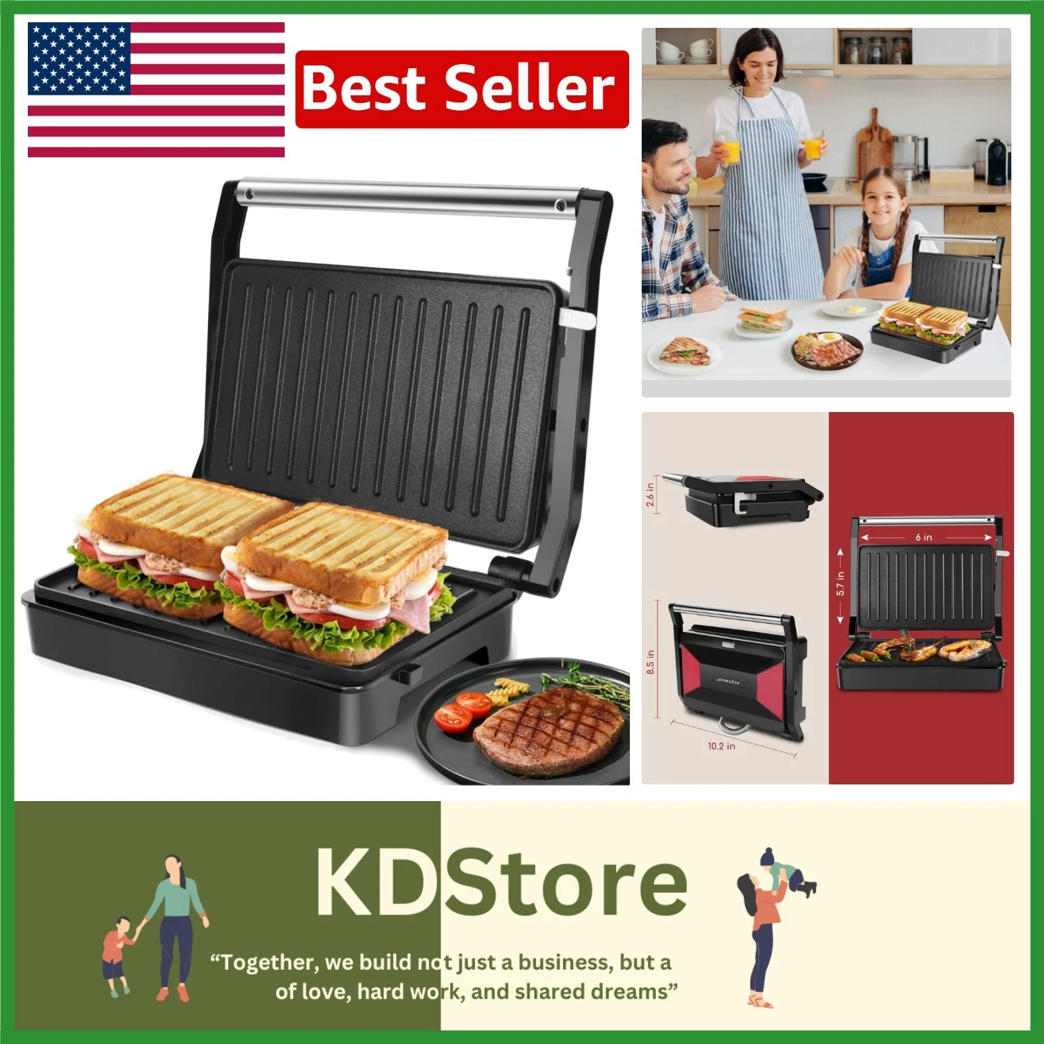 Non-Stick Panini Press Grill with Adjustable Temperature Control - 1000W