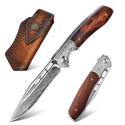 Japaknives Damast Taschenmesser Klappmesser, Hochwertiger Holzgriff, für outd...