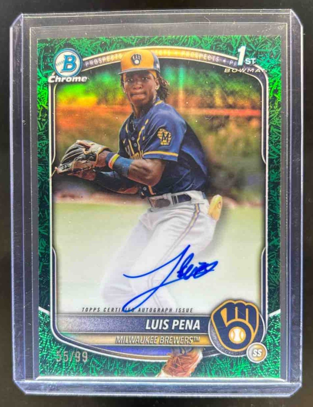 2025 Bowman Luis Pena Chrome Auto Green Grass Refractor 1st #/99 Brewers