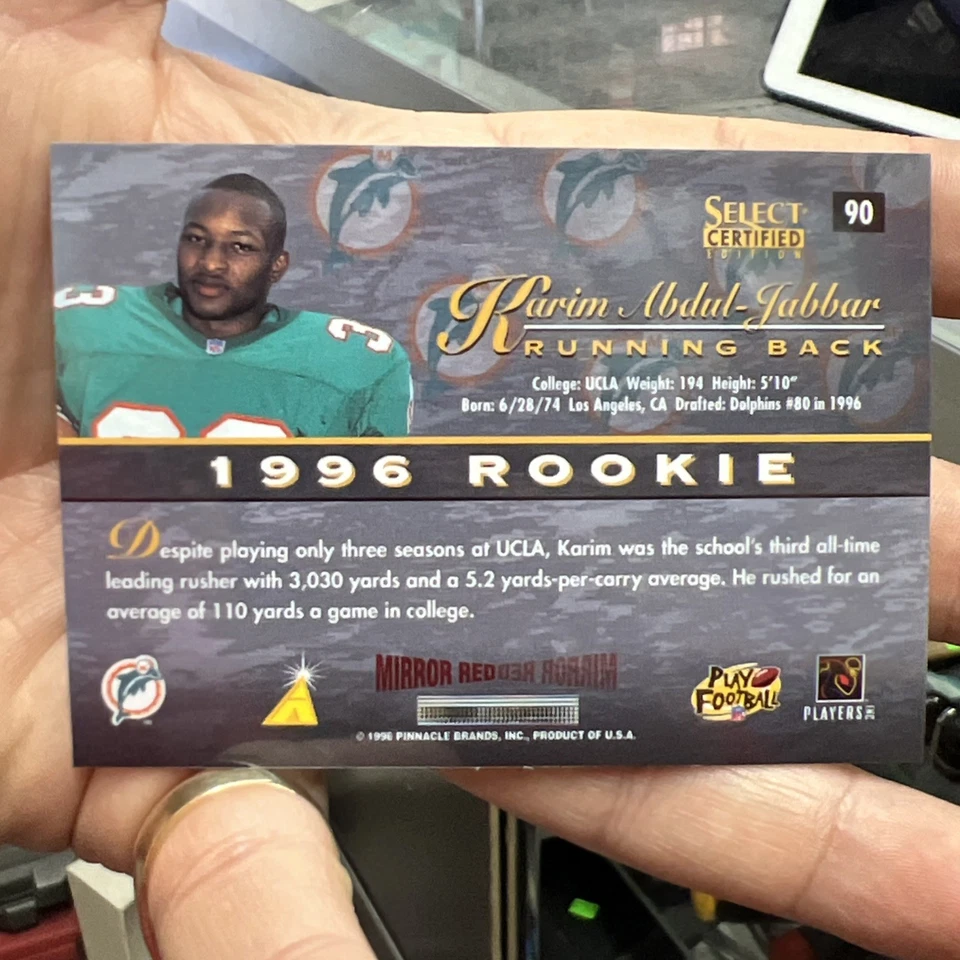 1996 Select Certified Edition Karim Abdul-Jabbar Rookie Mirror Red #90 - Image 2 of 2