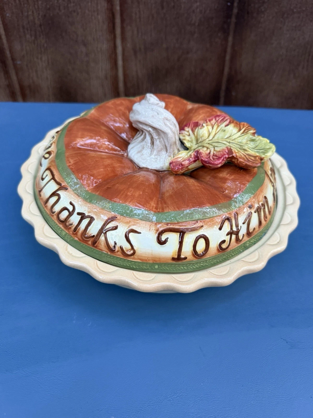 VINTAGE CERAMIC Give Thanks PIE DISH WITH LID 10”
