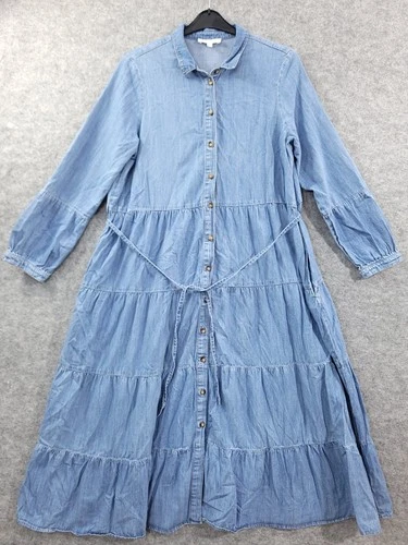 Per Una Denim Dress Size 14 Tiered Maxi Full Button