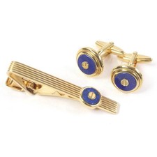 Alfred Dunhill Oval Cufflinks & Tie clip set Gold plate w/ Lapis Lazuli