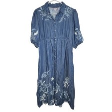 Johnny Was Jacqueline Puff Sleeve Shirtdress Large Western Embroider Floral Midi