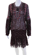 Ulla Johnson Womens 3/4 Sleeve Embroidered Silk Floral Dress Burgundy Size 0