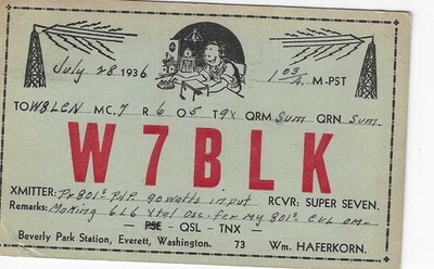 QSL  1936 Everett WA     radio card