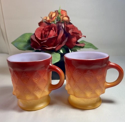 Vintage Fire-King Kimberly Diamond Mugs Anchor Hocking Orange Milk Glass