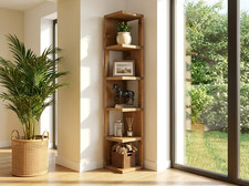 Solid Wood Corner Bookshelf – Natural Finish Open Bookcase, Rustic Scandinavian