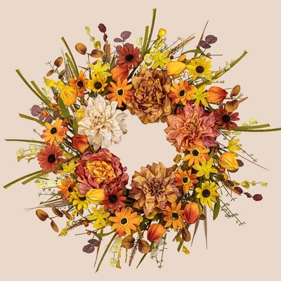 FloralElegance Artificial Fall Wreath 22 Inch Floral Orange 