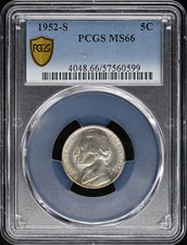 1952-S 5C Jefferson Nickel PCGS MS66