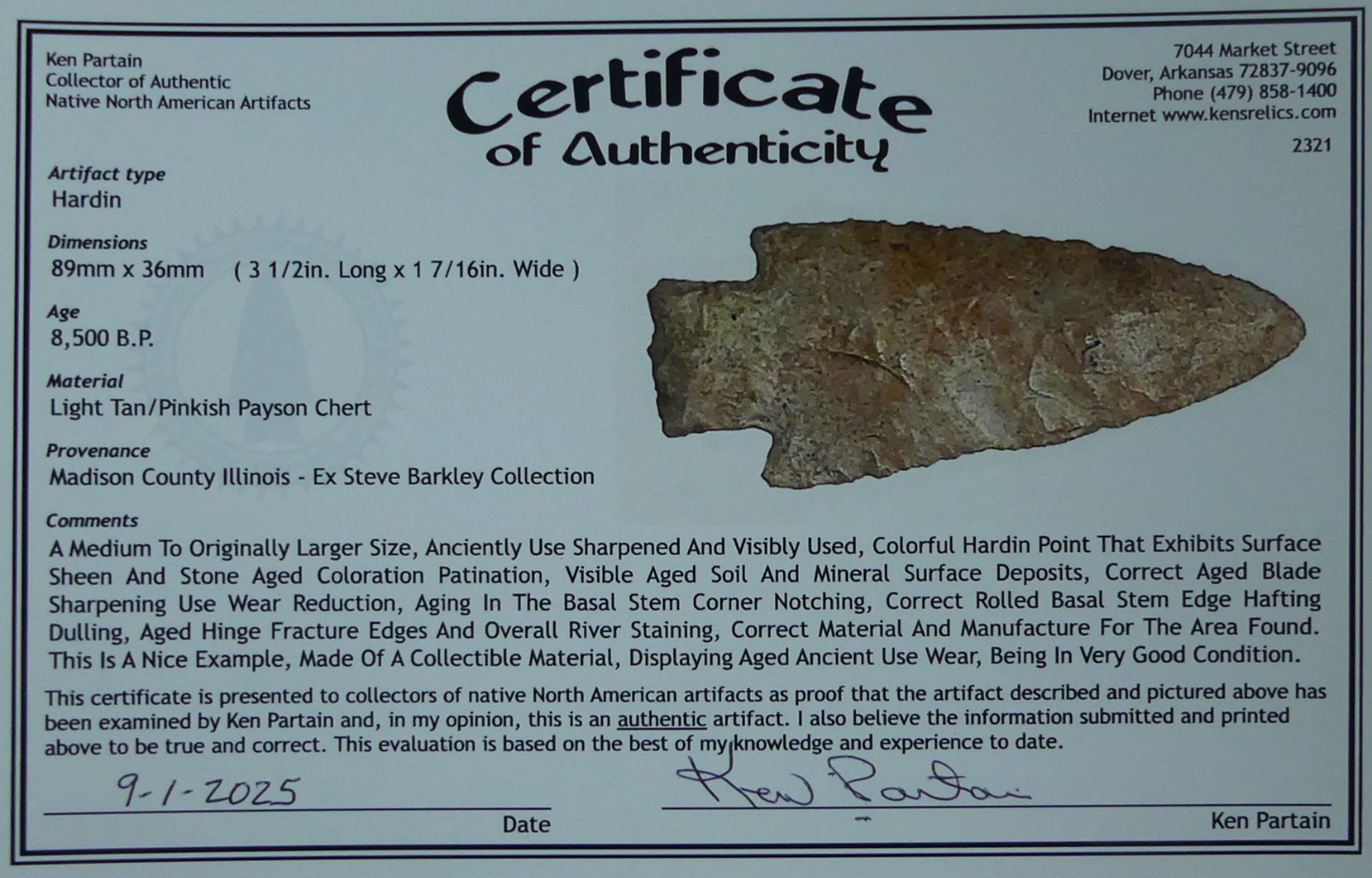 HARDIN MADISON CO ILL PAYSON INDIAN ARROWHEAD ARTIFACT COLLECTIBLE PARTAIN COA