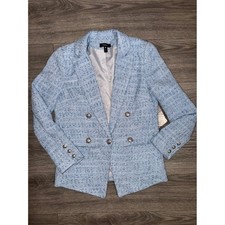 New AQUA Womens Blazer S Light Blue Tweed Double Breasted Blazer Silver Buttons
