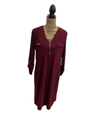 Emma & Michele Burgundy Long-Sleeve Zip-Front Shift Dress