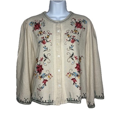 Solitaire Linen Blouse Crop Top Size L Ivory Floral Crochet 3/4 Bell Sleeve Boho