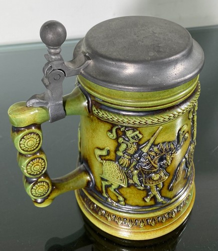 Gerz West Germany Ceramic Green Beer Stein Medieval Knights Horses Pewter Lid - Picture 9 of 14