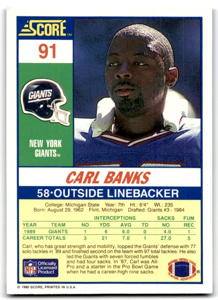 1990 Score Carl Banks New York Giants #91 - Image 2 of 2